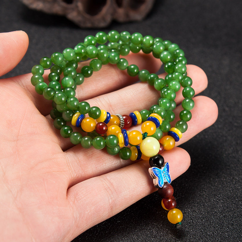 和田玉 碧玉串珠项链毛衣链36.58g 珠子直径5.5mm hl1075