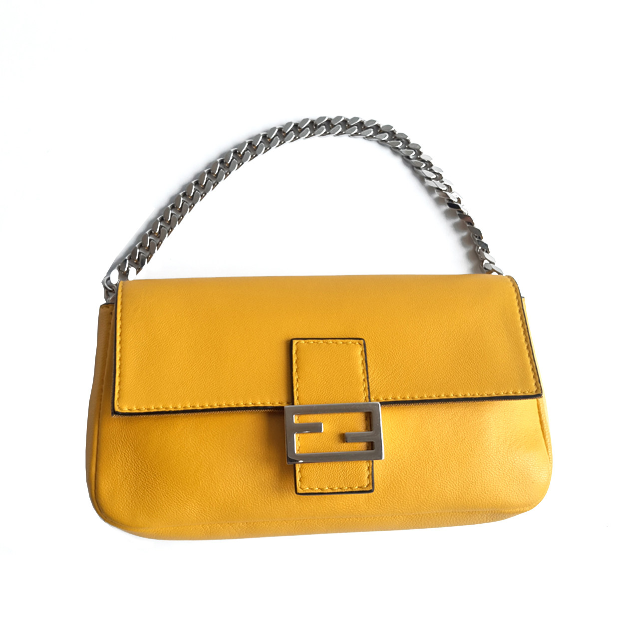 [95新] fendi芬迪黄色羊皮银扣单肩手提小包女士斜挎包女款拎包