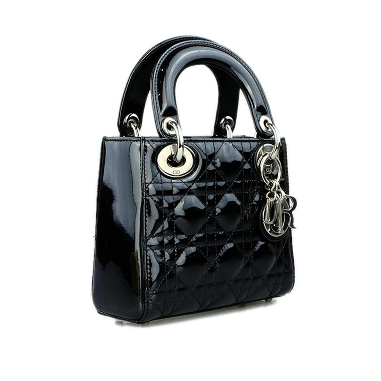 [9.8新]迪奥dior女士黑银漆皮三格戴妃包手提包单肩包