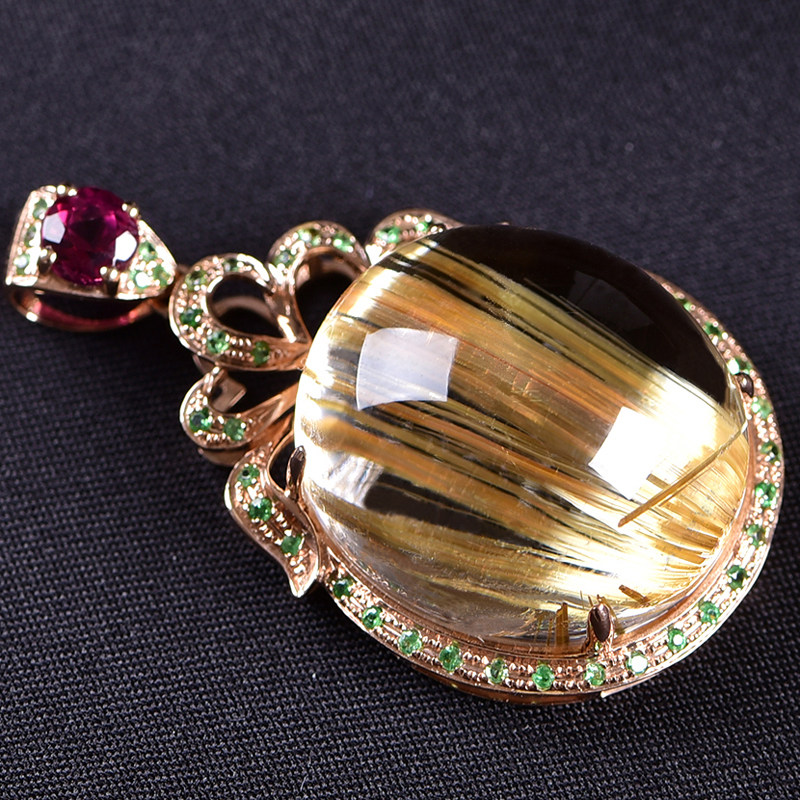 85ct裸石34.75ct 18k金配钻 沙弗莱 碧玺镶嵌天然板钛晶