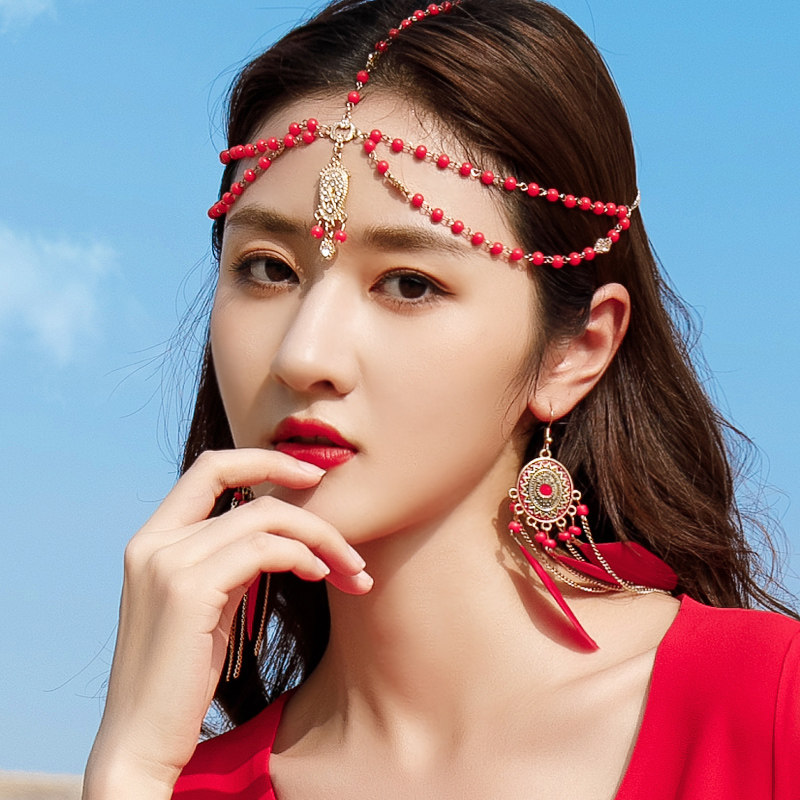 额头眉心坠前额发饰女流苏镶钻珍珠额饰网红拍照异域风情古风头饰