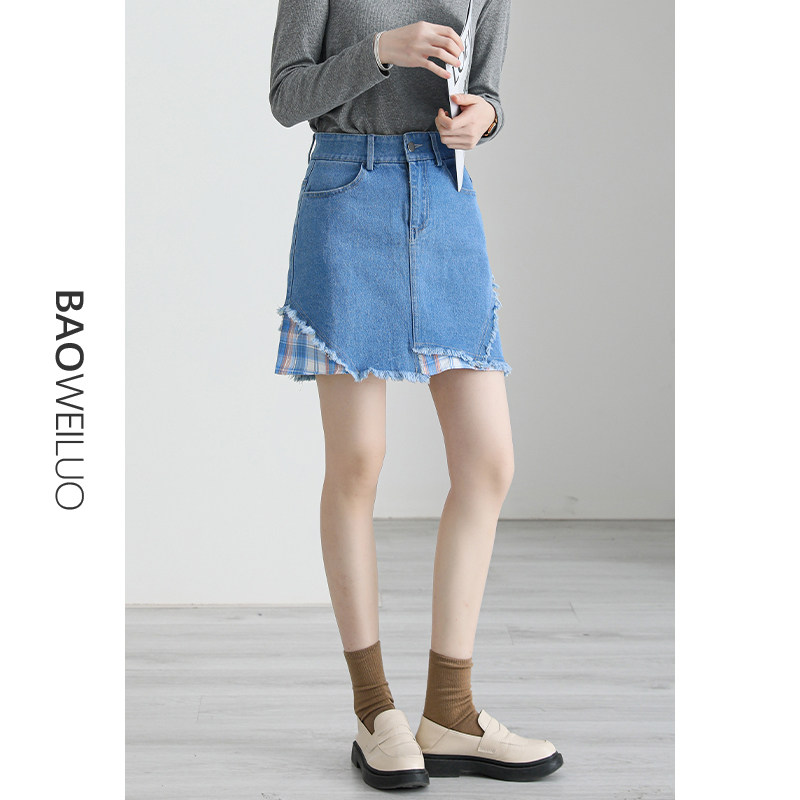 夏季新款格子拼接牛仔短裙女2021学院风高腰百搭a字裙清新半身裙
