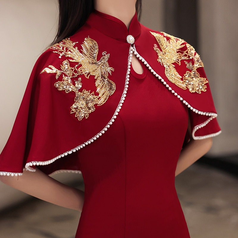 薇绣旗舰店的优惠券大全—旗袍敬酒服新娘平时可穿夏季酒红色妈妈婚宴