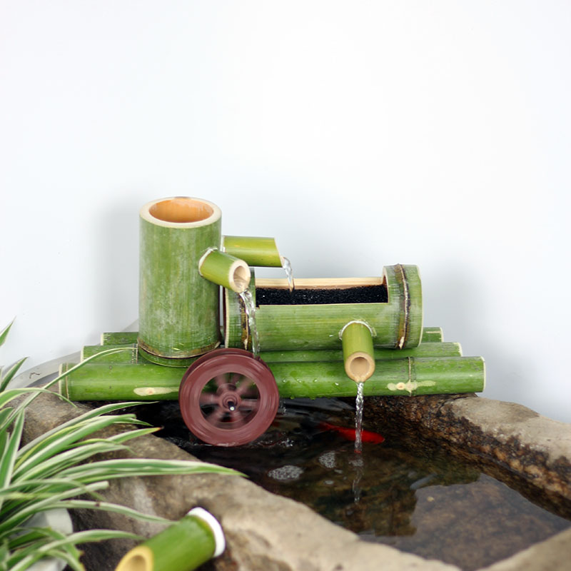 竹子流水过滤器摆件 鱼缸石槽造景 水轮水车加湿器 鱼缸流水原色