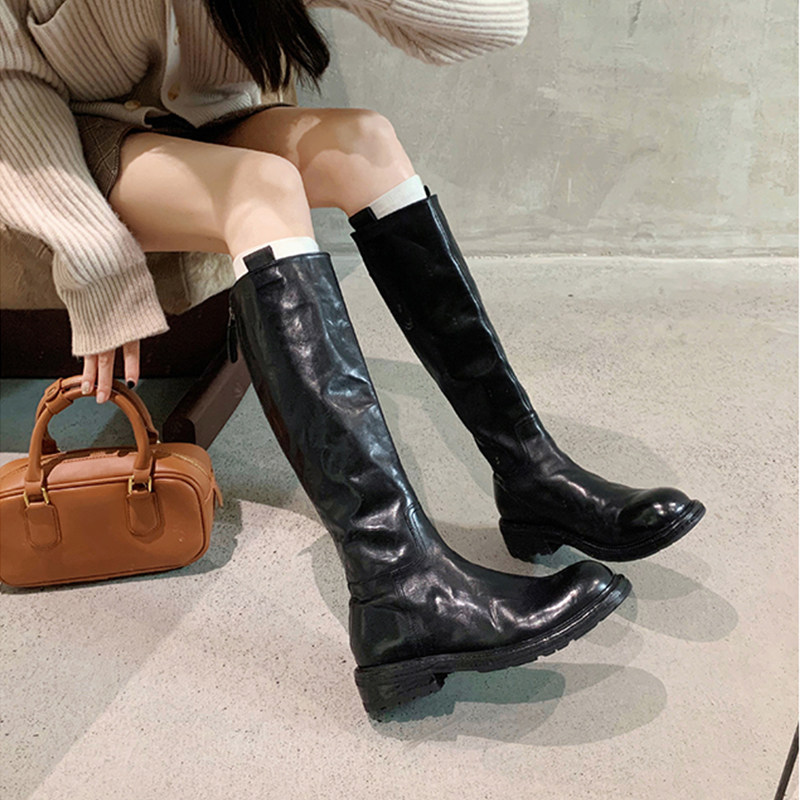 牛皮版~真皮褶皱不过膝长靴女厚底粗跟后拉链高筒靴显瘦骑士靴子
