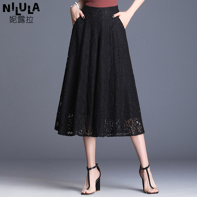 水溶蕾丝裙裤女2019春夏新款高腰宽松大摆黑色宽腿休闲甩裤七分裤