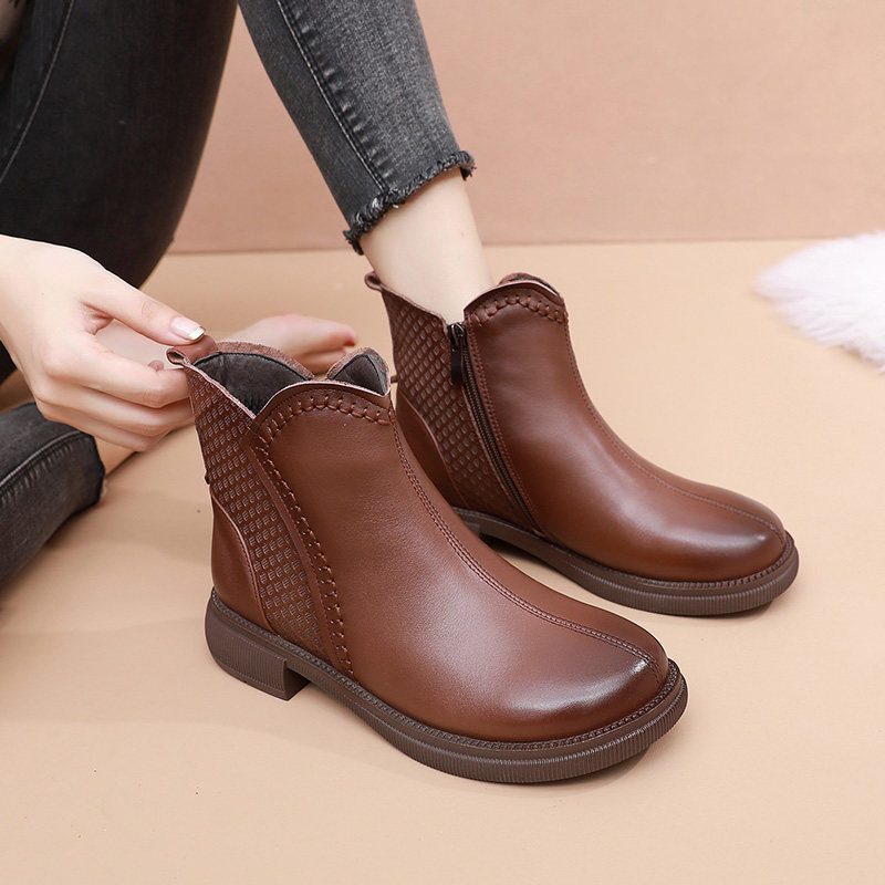 女士平底短靴春秋单靴真皮