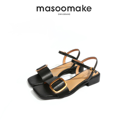 masoomake新款一字带韩版中跟真皮罗马凉鞋