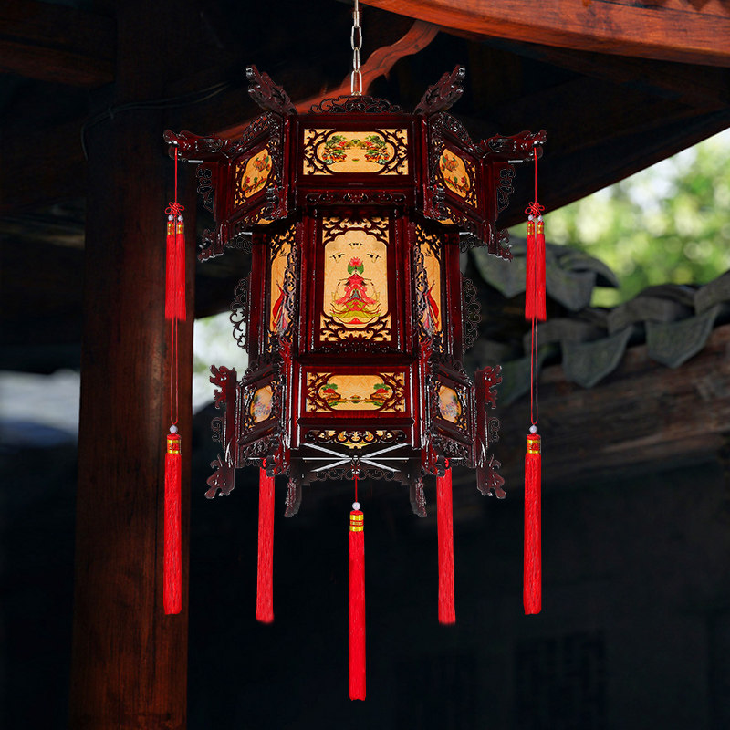 新中式宫灯复仿古实木六角灯笼灯吊灯中国风户外大门阳台大红灯笼