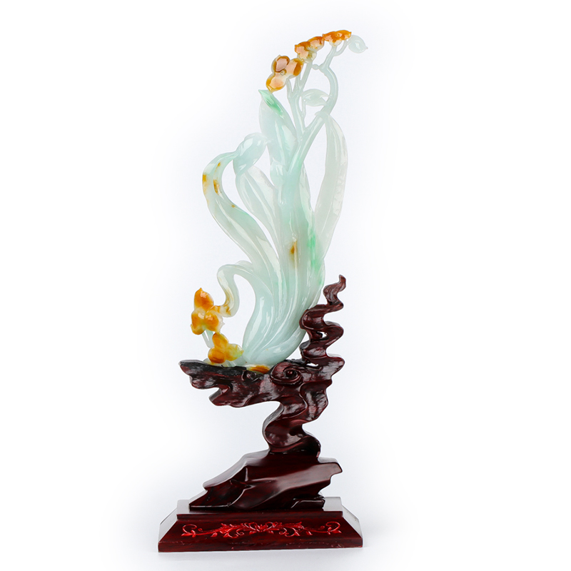 刘智晓玉雕工作室作品 糯种黄翡翡翠兰花摆件91.69g