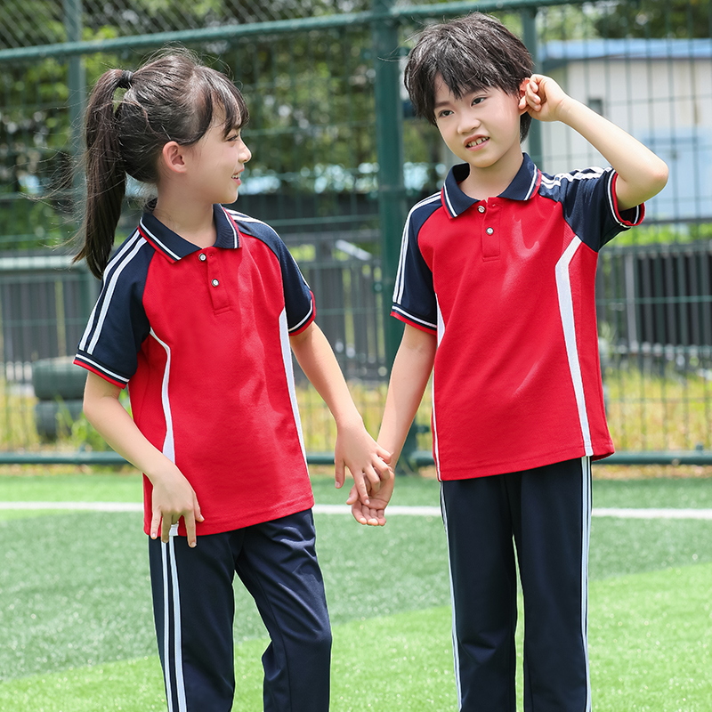 夏季中学生班服短袖亲子运动会红色套装幼儿园小学校服长裤两件套