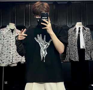 韩系夏季新款短袖黑色重磅T恤百搭印花设计欧美高街圆领上衣潮男