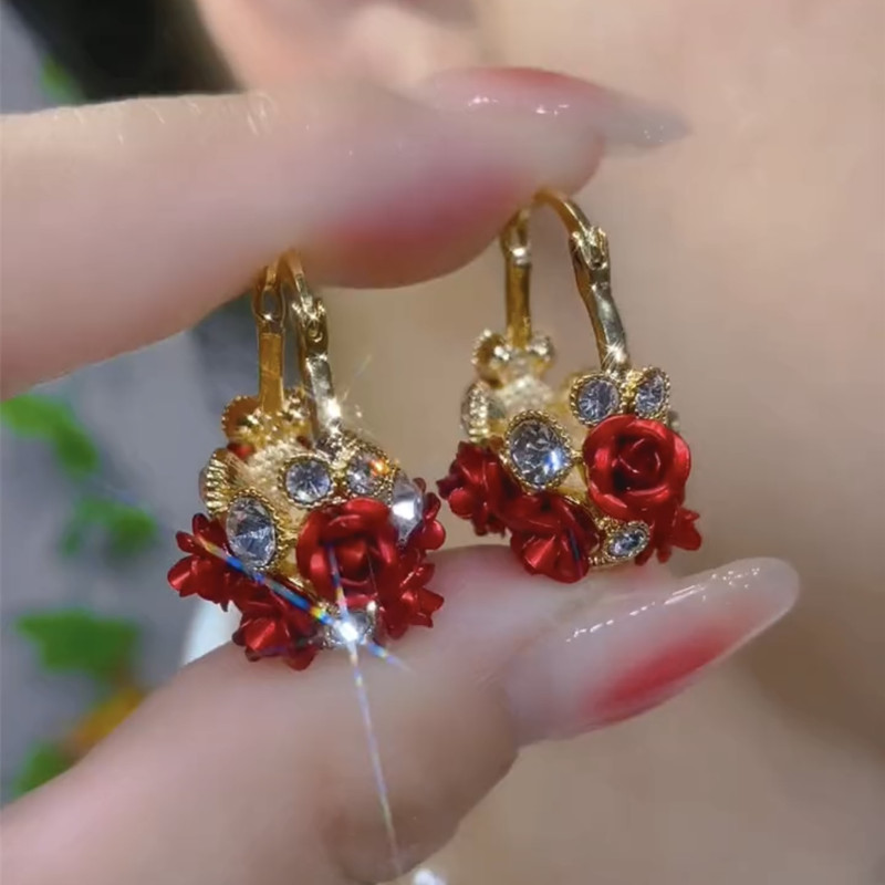 时尚洋气红色玫瑰花提篮耳环小众设计