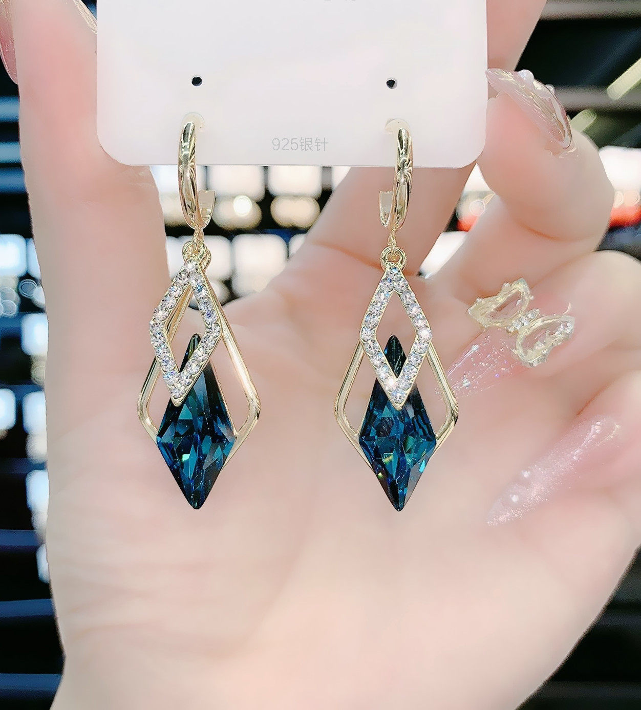 高级几何流苏显脸瘦长镶钻菱形耳坠气质个性张网耳饰耳环 原价35元