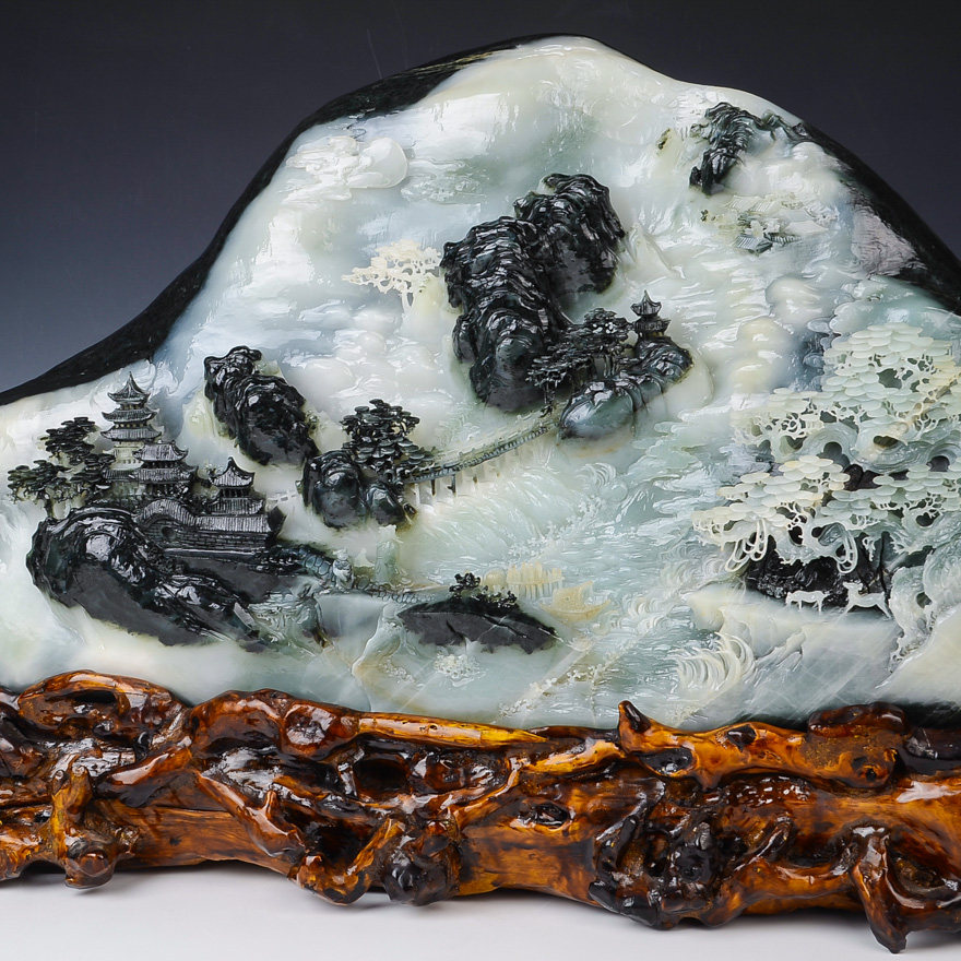 《山青水秀》河南省玉石雕刻大师王超麟百宝堂独山玉精品摆件