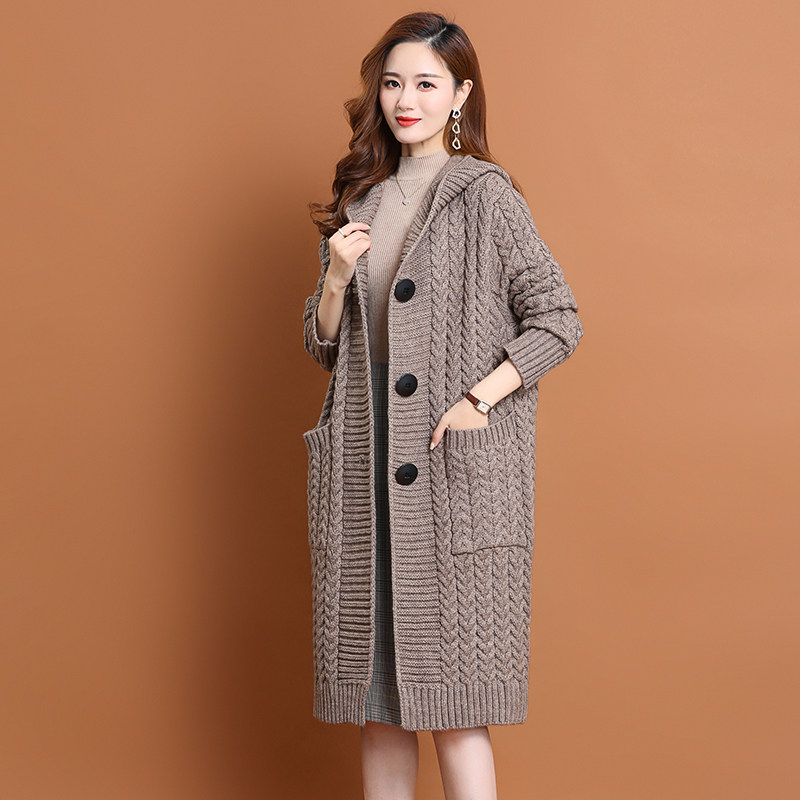 秋冬女士毛衣外套开衫中长款加厚大衣宽松针织连帽慵懒风粗线羊毛