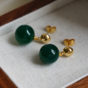 复古新中式耳环女小众古典宫廷绿色珠子耳钉银针气质高级感耳饰品