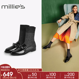 millie's/妙丽冬款漆牛皮亮布拼接圆头平底袜靴女短靴LN840DD8