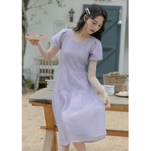 XXS码XS码小个子紫色雪纺连衣裙高腰修身显高简约款中长裙