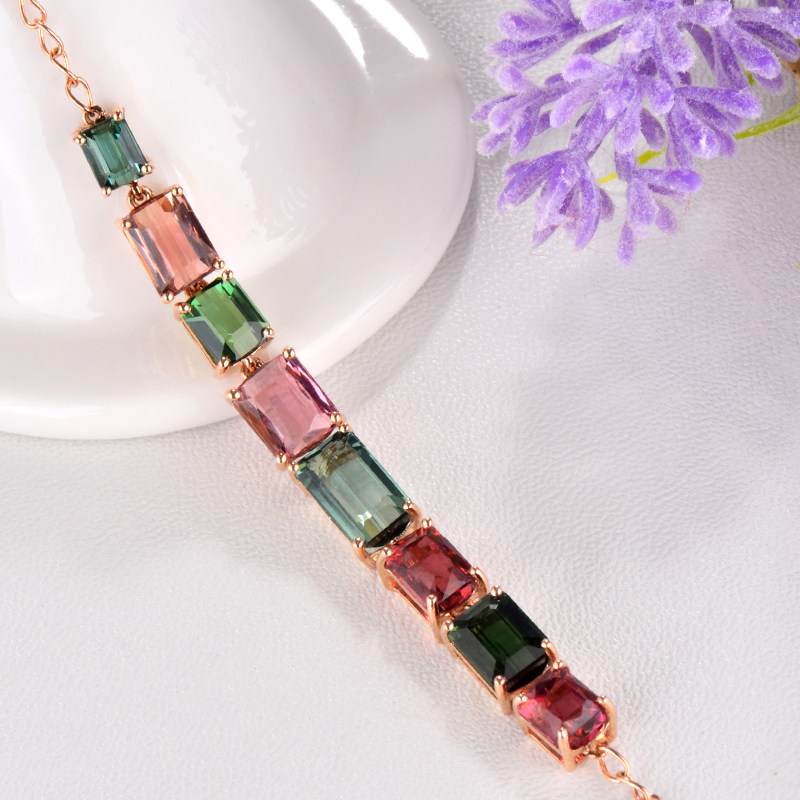 9.195ct 18k金镶多色碧玺手链 颜色好 晶体干净 44018