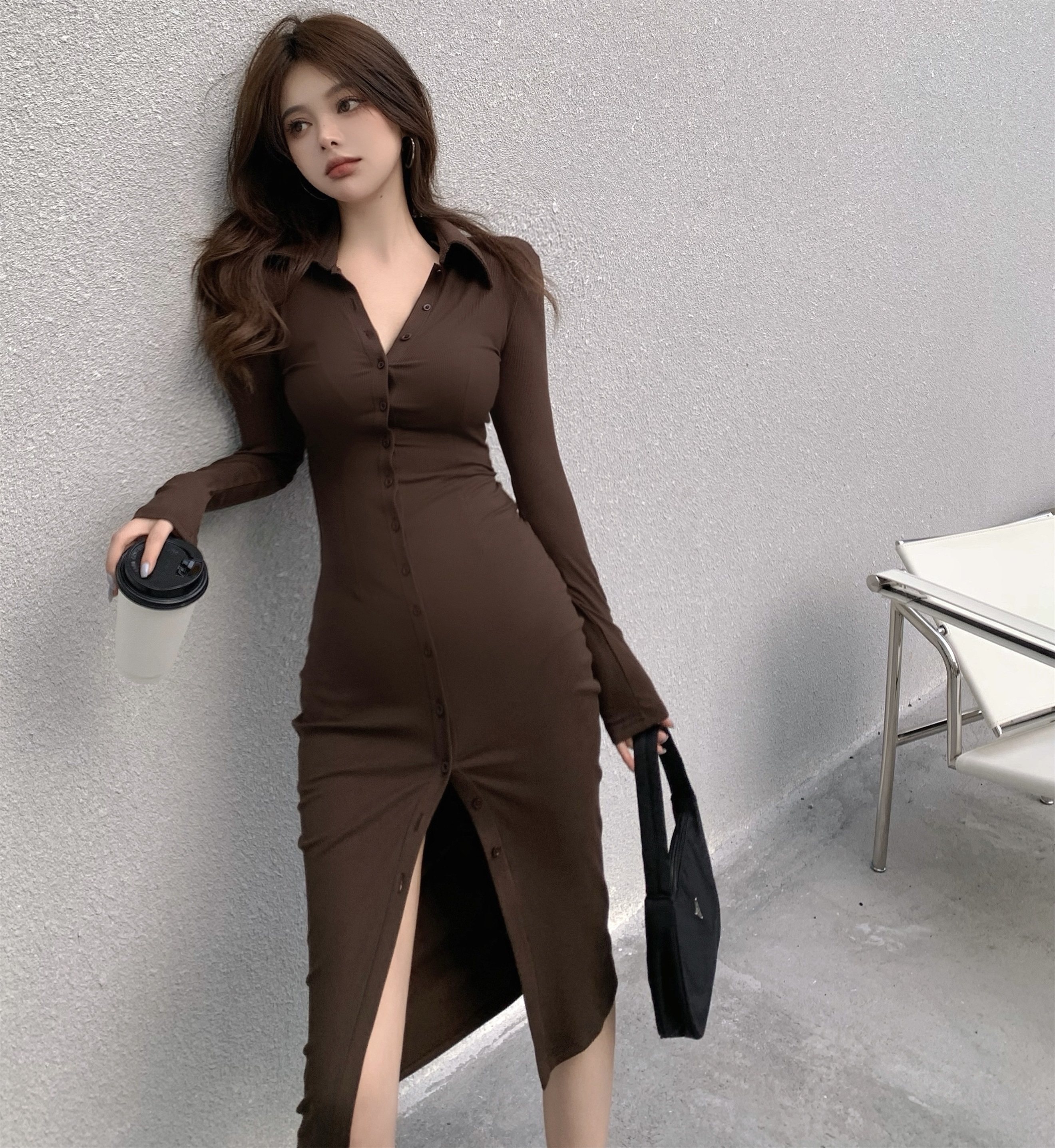 连衣裙女显身材显瘦收腰紧身长袖裙子2022秋季新款气质修身中长裙