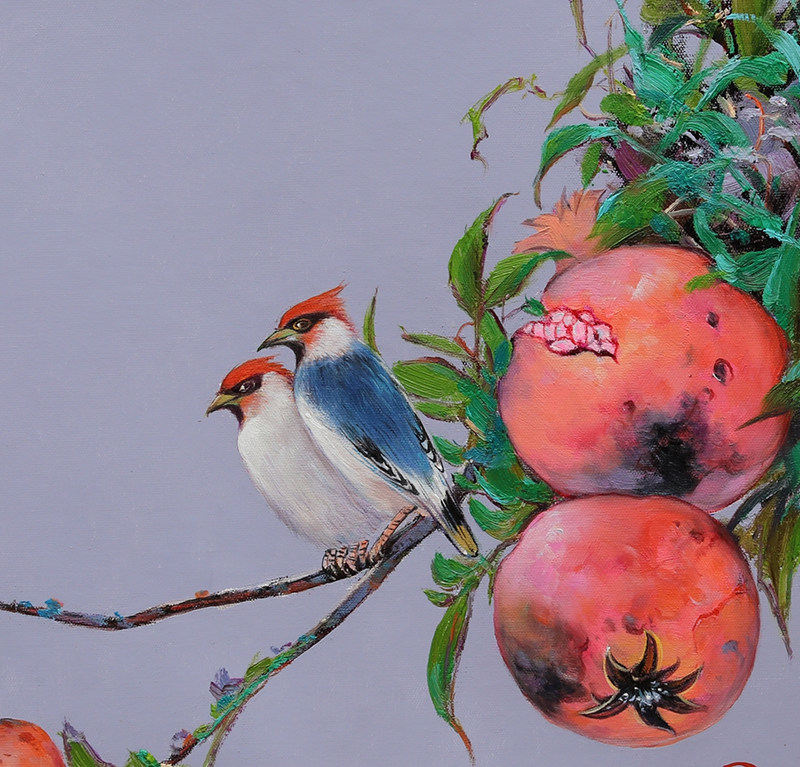 【直供周】林建生《石榴与鸟》布面油画80cmx80cm