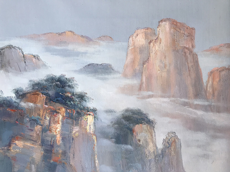 林建生《江山如画之鸿运当头》玄关大幅油画70cmx150cm