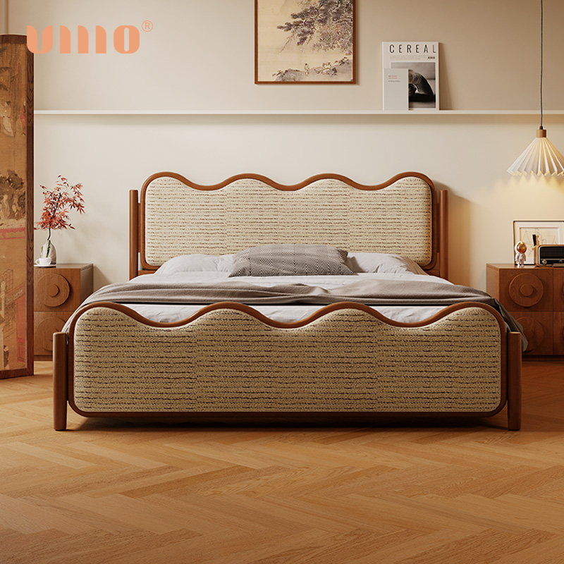 ULLLO 卧室软包北欧复古双人床1.5米家用简约实木床