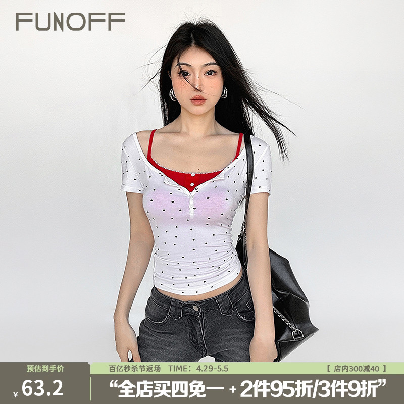 FUNOFF 高智辣妹#复古波点半开扣短袖红色花边吊带背心真两件套装