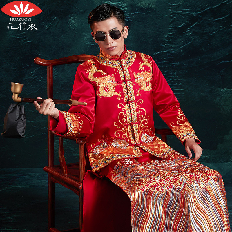 秀禾服男士2021冬季新款结婚敬酒服新郎礼服龙凤褂大码香槟色秀和