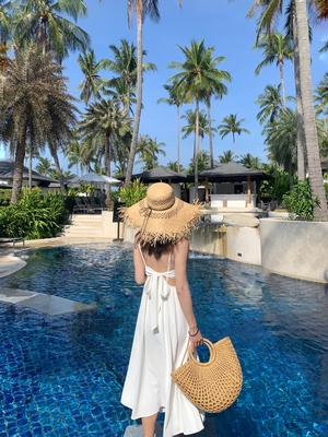 drssholic 背影杀 度假风纯白色露背蝴蝶结吊带沙滩连衣裙无袖