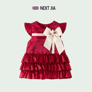 英国NEXT JIA女童连衣裙夏季儿童红色公主裙一周岁宝宝礼服蛋糕裙