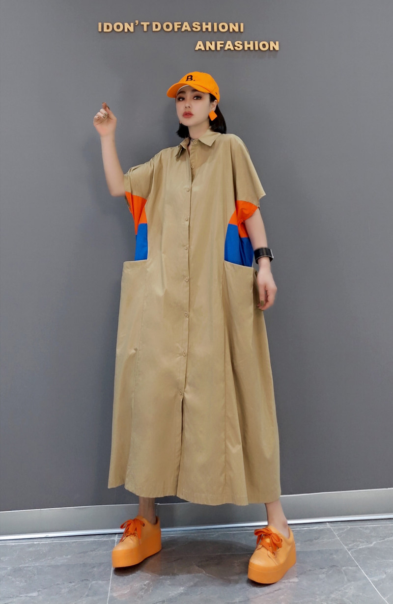 江丹梦露欧洲站2021夏季新款时尚连衣裙韩版宽松衬衫撞色个性女装