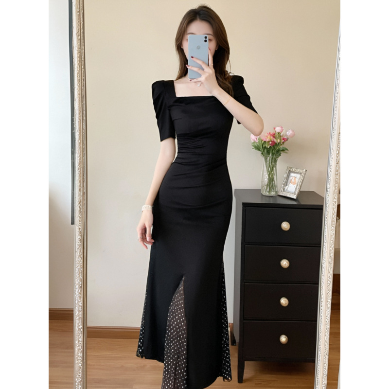 赫本风名媛气质黑色连衣裙2024新款女装高级感小众轻奢鱼尾裙1154