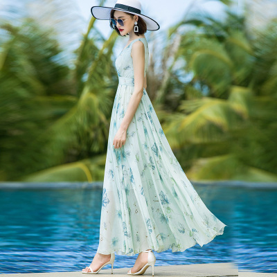 雪纺连衣裙2020夏季长裙清新收腰气质复古抽象花沙滩裙大摆裙长款