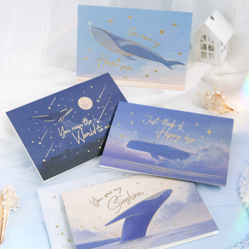 浪漫梦幻深海鲸鱼烫金折叠贺卡信封套装 鲸鱼岛 唯美文艺风生日贺卡
