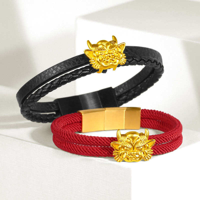 romanti/罗曼蒂足金灵狮转运手绳男女情侣一对招财黄金手串时尚搭