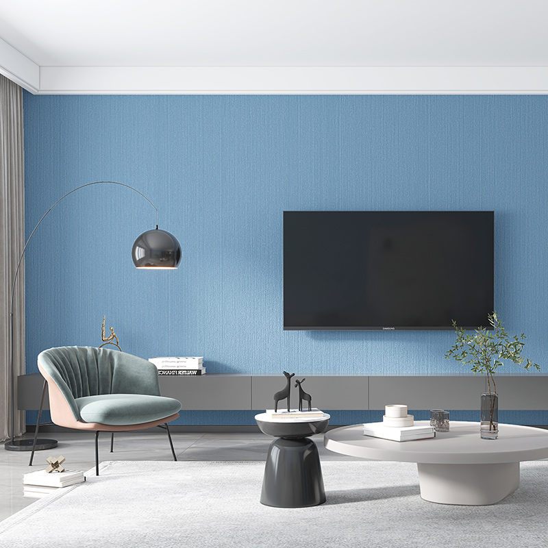 北欧风现代简约条纹浅蓝色墙纸家用素色防水防油刷胶壁纸加厚PVC