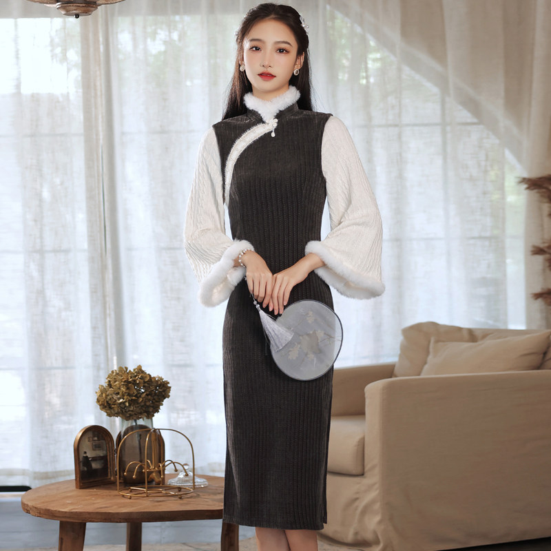 旗袍冬款加厚冬装2022年新款年轻款少女冬季过年加绒改良版连衣裙
