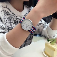 韩版简约超薄帆布带手表男女大中学生条纹表带明星同款尼龙带包邮