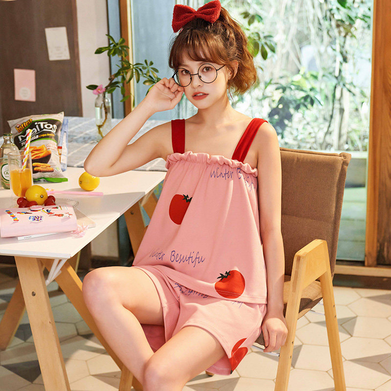 睡衣女夏季纯棉吊带两件套薄款家居服甜美可爱学生全棉短裤套装夏