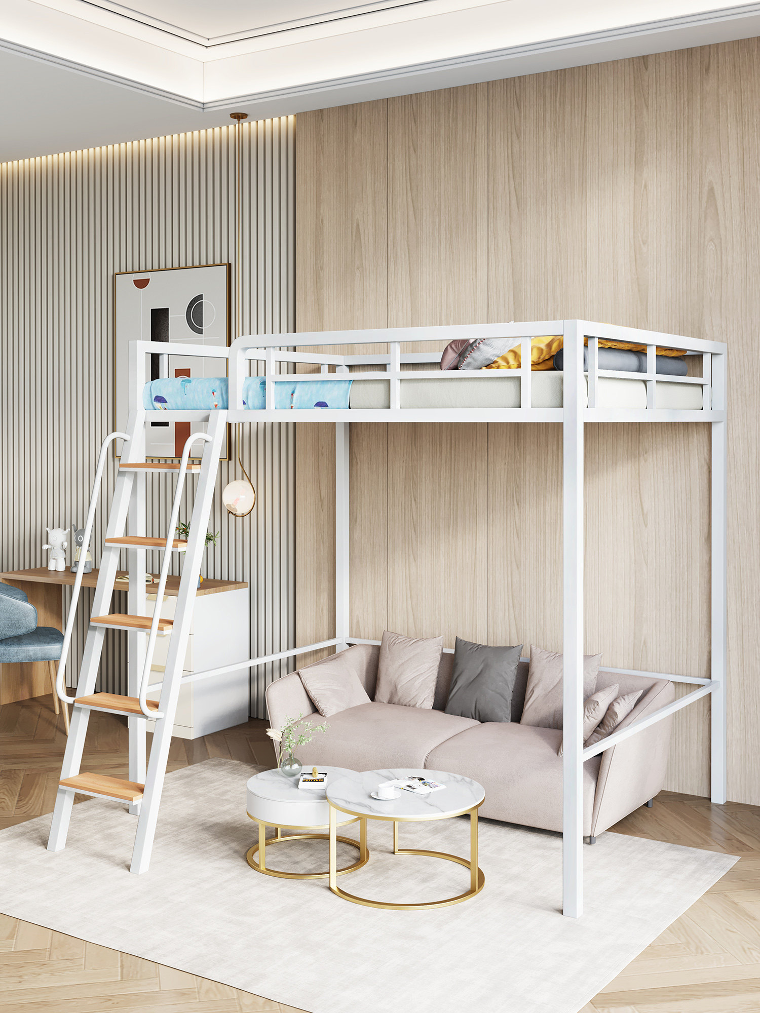 铁艺小户型loft高架床省空间多功能阁楼床出租房铁架床上床下桌