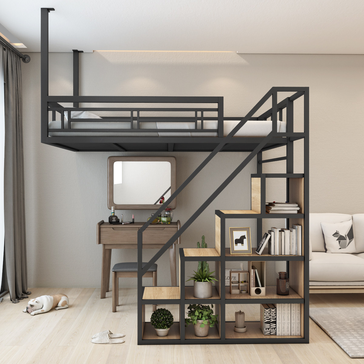省空间多功能铁艺吊床小户型阁楼床挂壁床储物衣柜梯床loft高架床