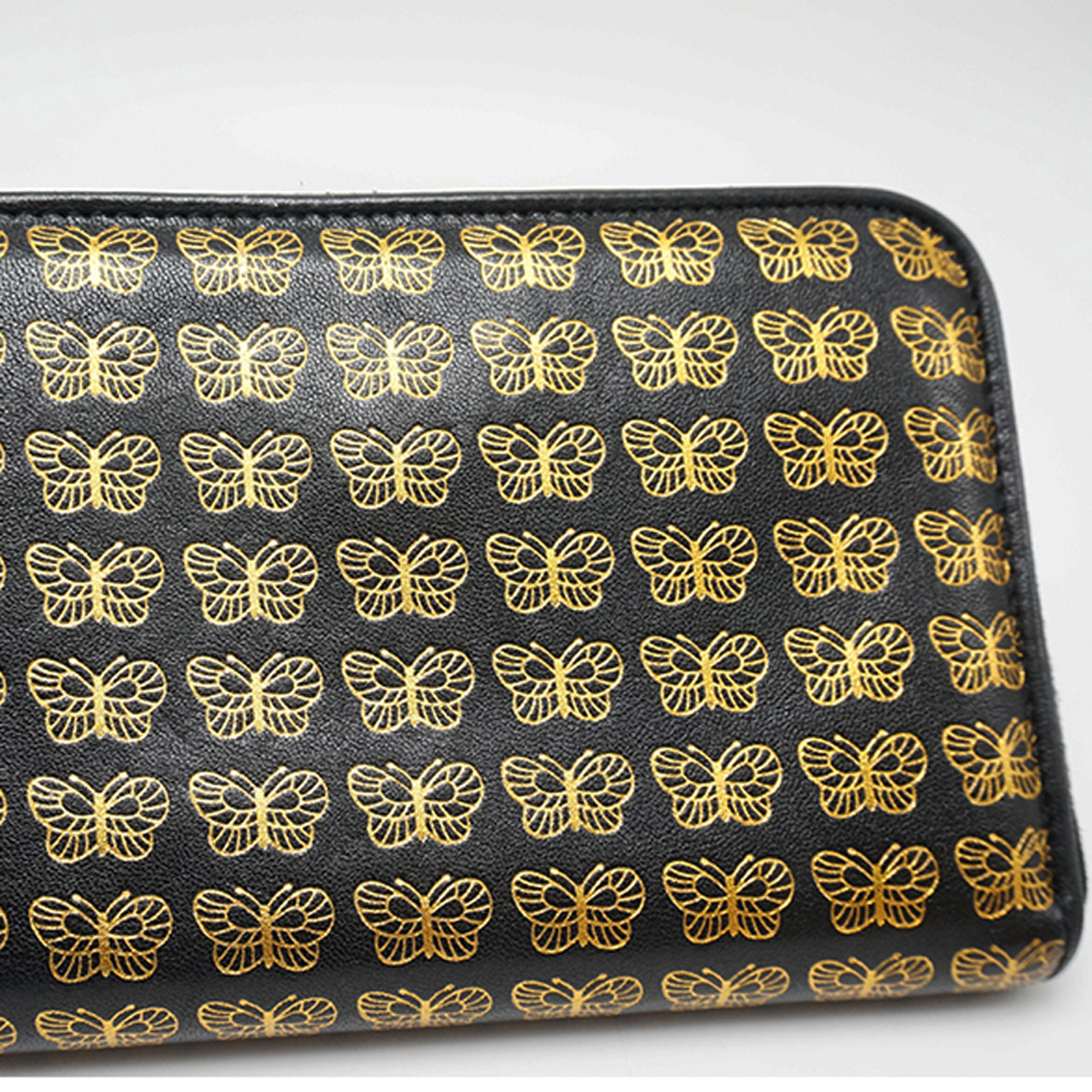 [9.5新]宝缇嘉bv女士钱包黑色牛皮金色蝴蝶图案长款钱包