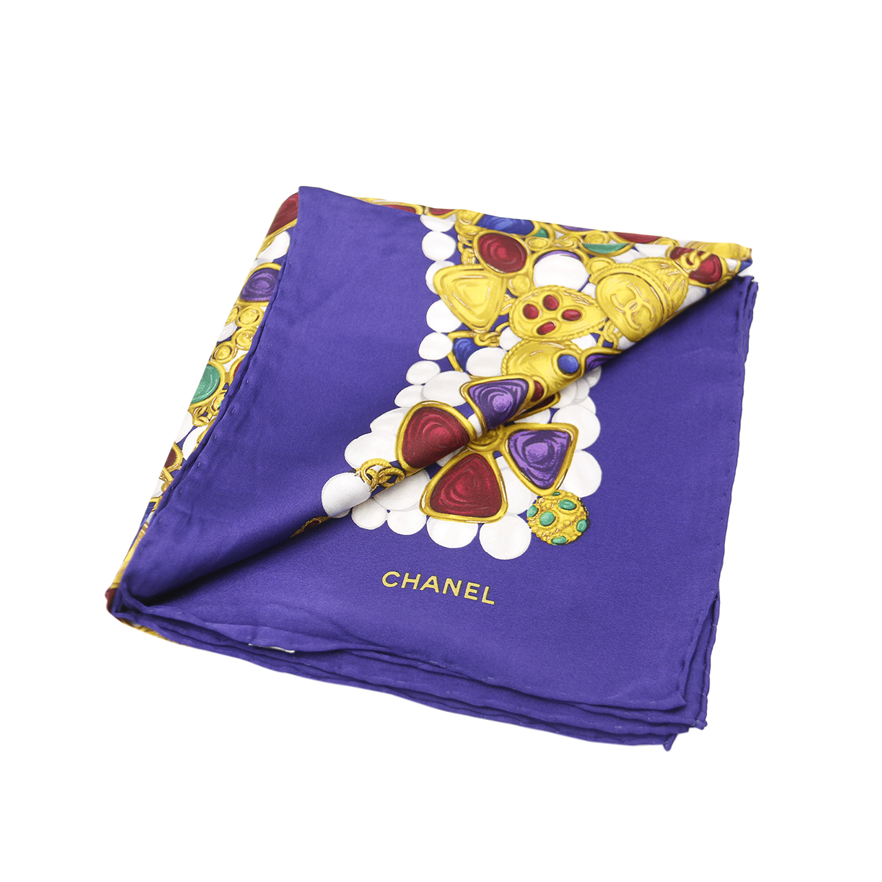 [9.8新]香奈儿chanel女士丝巾蓝边宝石图案90cm*90cm蚕丝大方巾