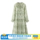 艾格今年流行漂亮连衣裙春季2024新款女装圆领绿色碎花长袖雪纺裙