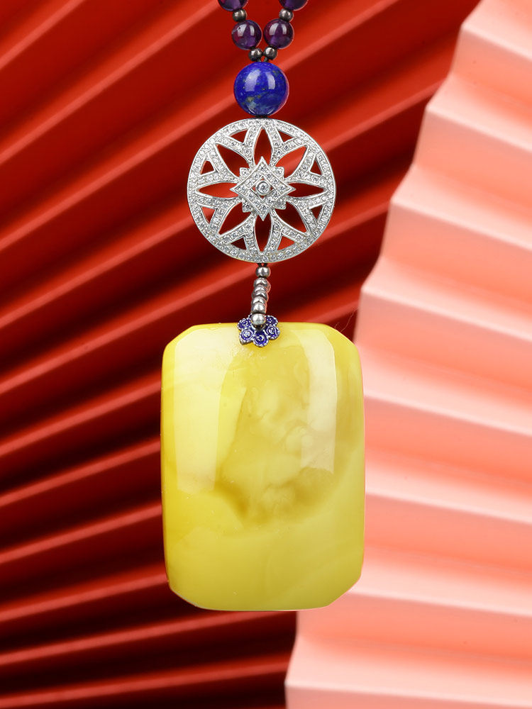 嘉乐琥珀天然蜜蜡方牌挂坠满蜡无事牌吊坠男女挂件项链毛衣链5327