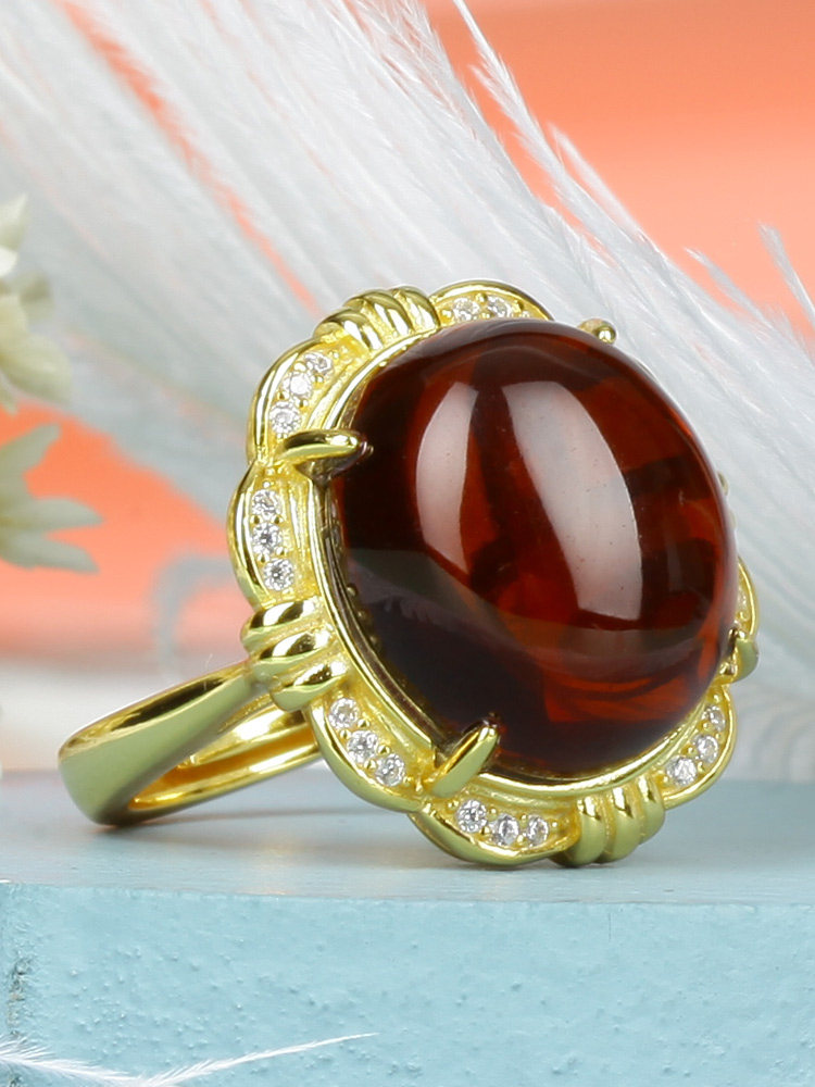 嘉乐琥珀 925纯银镀金镶琥珀指环血珀戒指女士活口可调节蜜蜡5706
