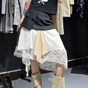 OPEN宋智雅同款24春夏新款韩国小众设计感不对称蕾丝裙分层半身裙