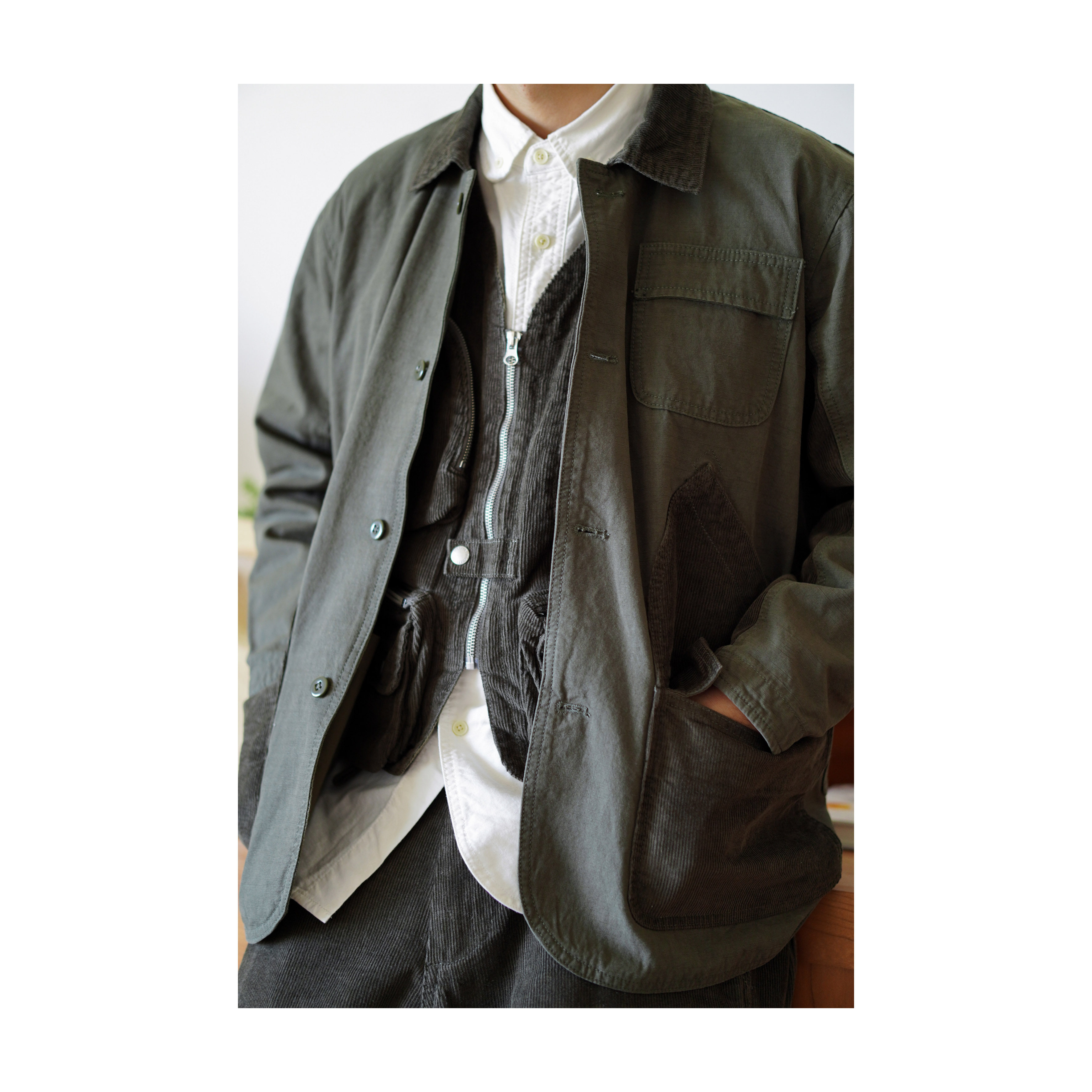 blue灯芯绒拼接贡缎竹节复古军事面料猎装男士外套夹克纯棉优惠券